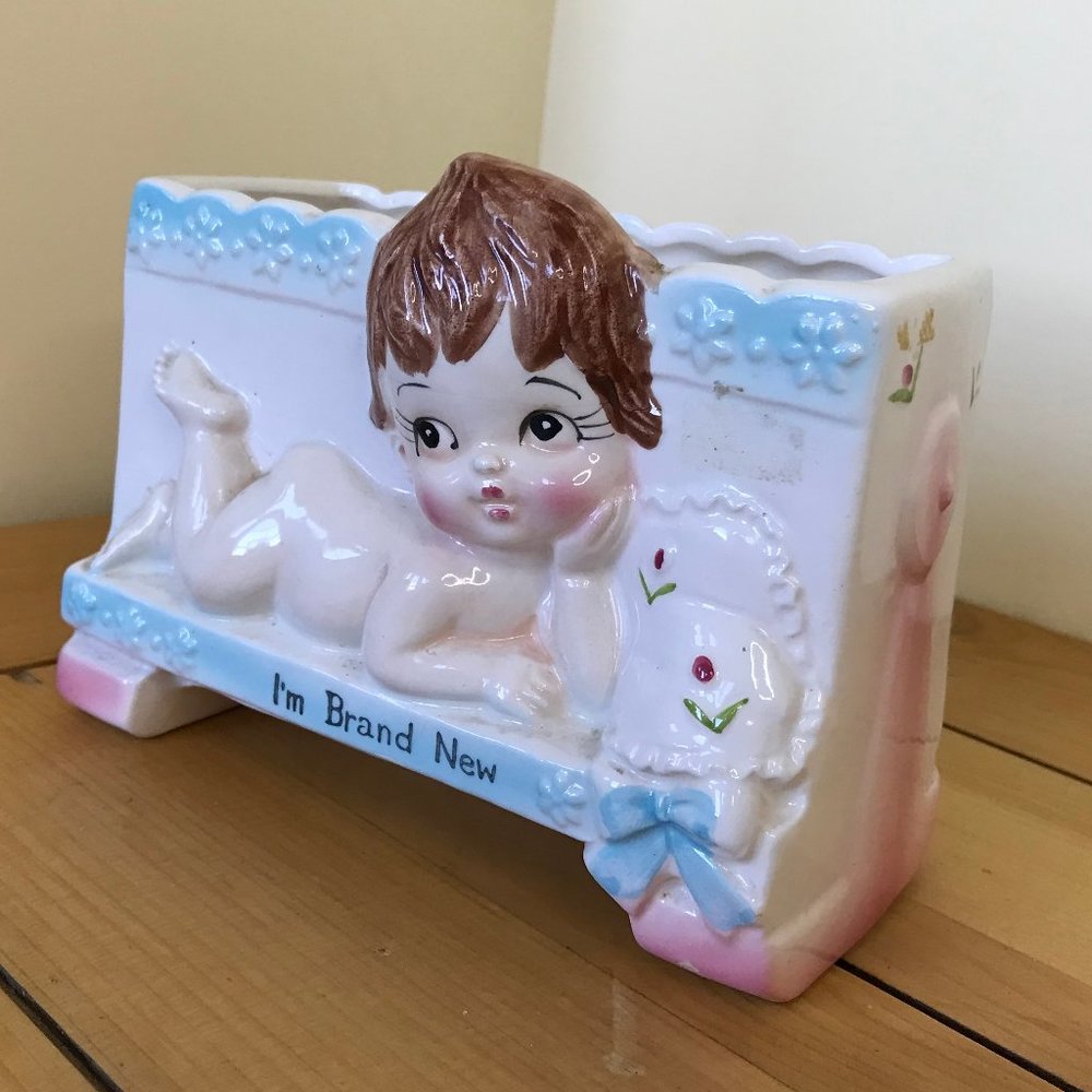 I'm Brand New Baby Ceramic Flower Vase Vintage Cute Pink & Blue Planter Pot